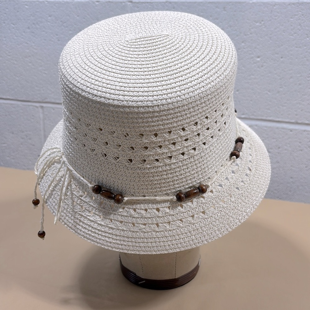 100% natural straw Cream Bucket Hat with Bead Accents - Picture 2 of 6